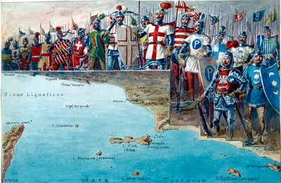 Mappa del campo di battaglia della Battaglia di Meloria nel 1284, con le uniformi e i costumi militari delle truppe genovesi che vi parteciparono da Quinto Cenni
